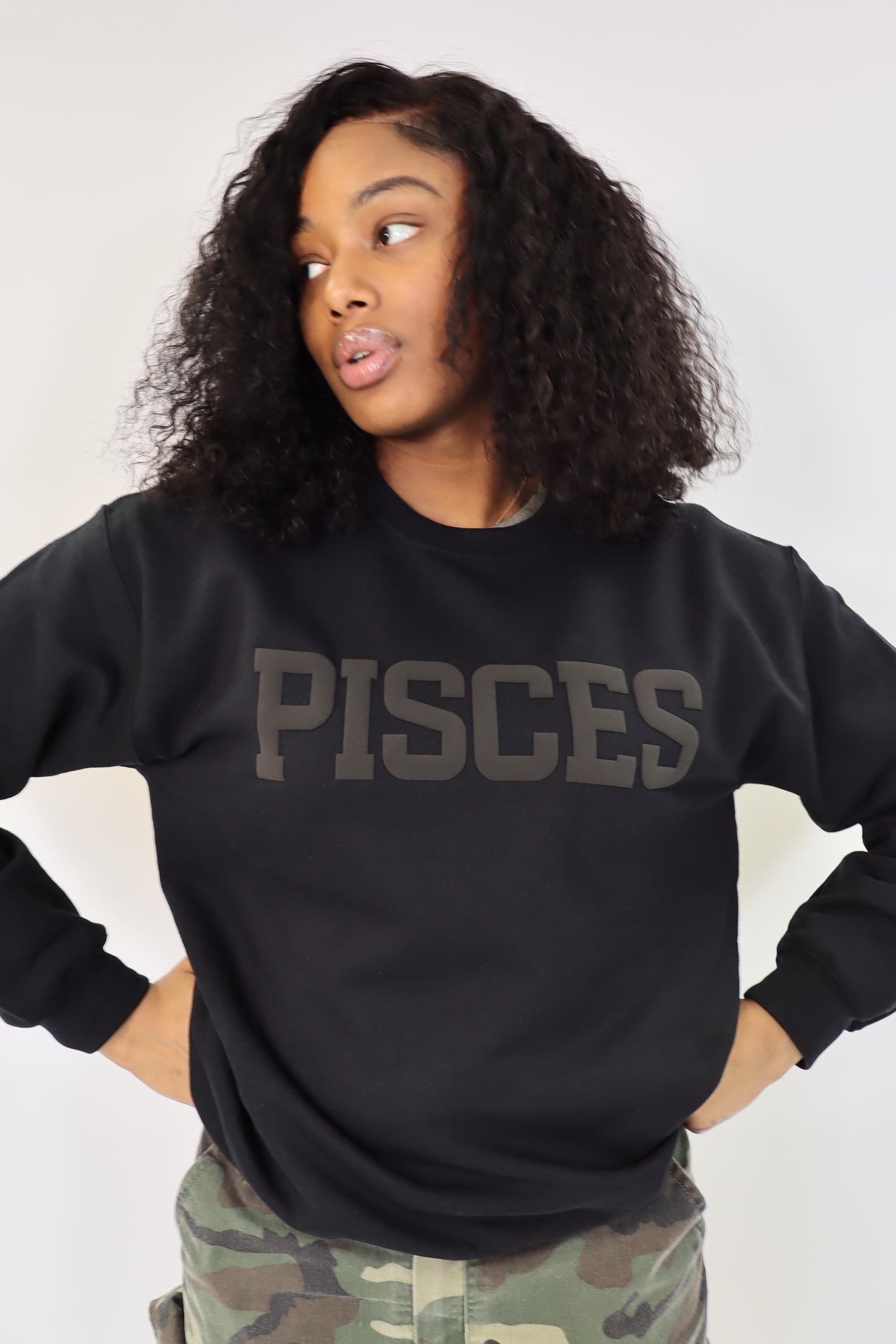 Black Zodiac Puff Print Crewneck