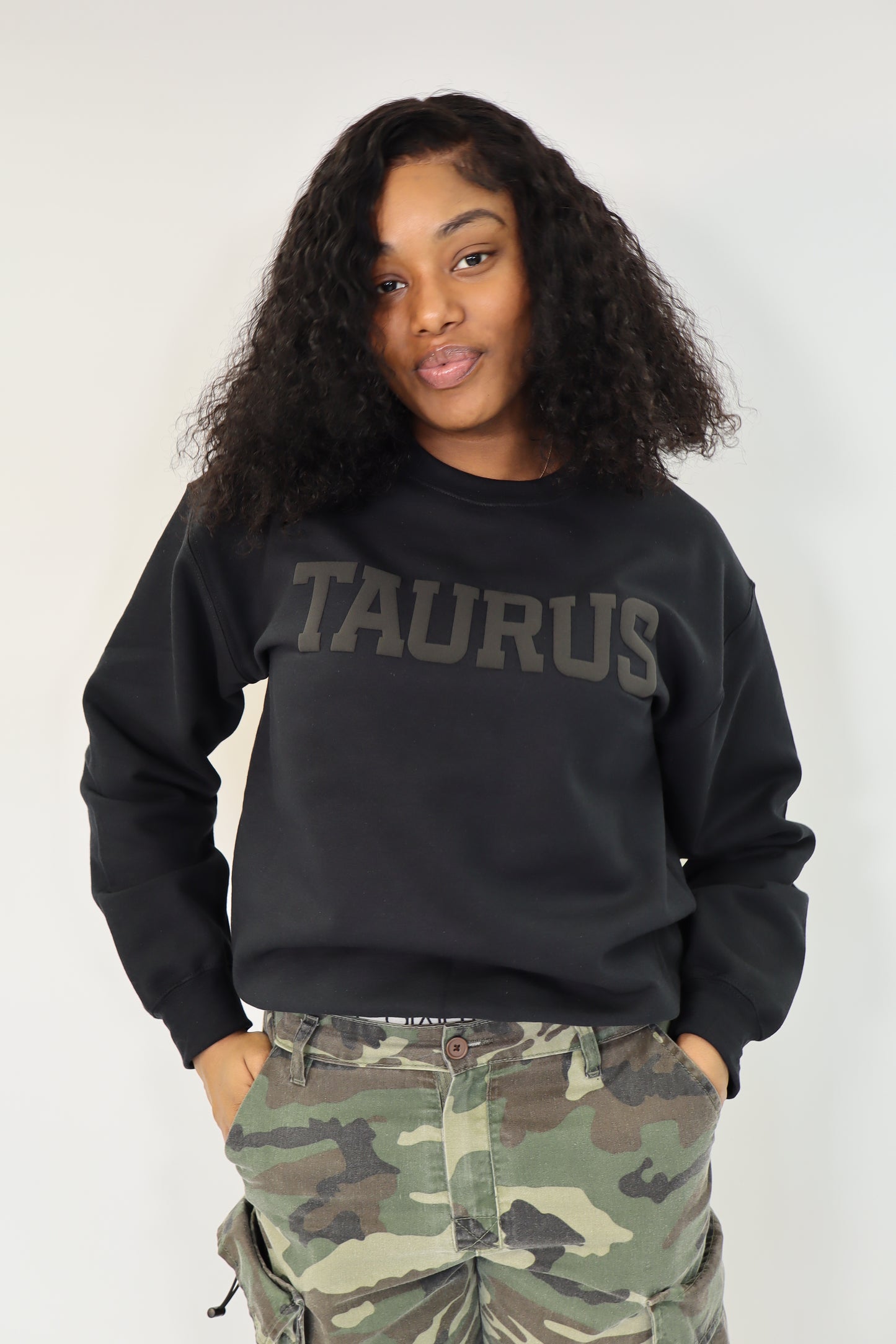 Black Zodiac Puff Print Crewneck