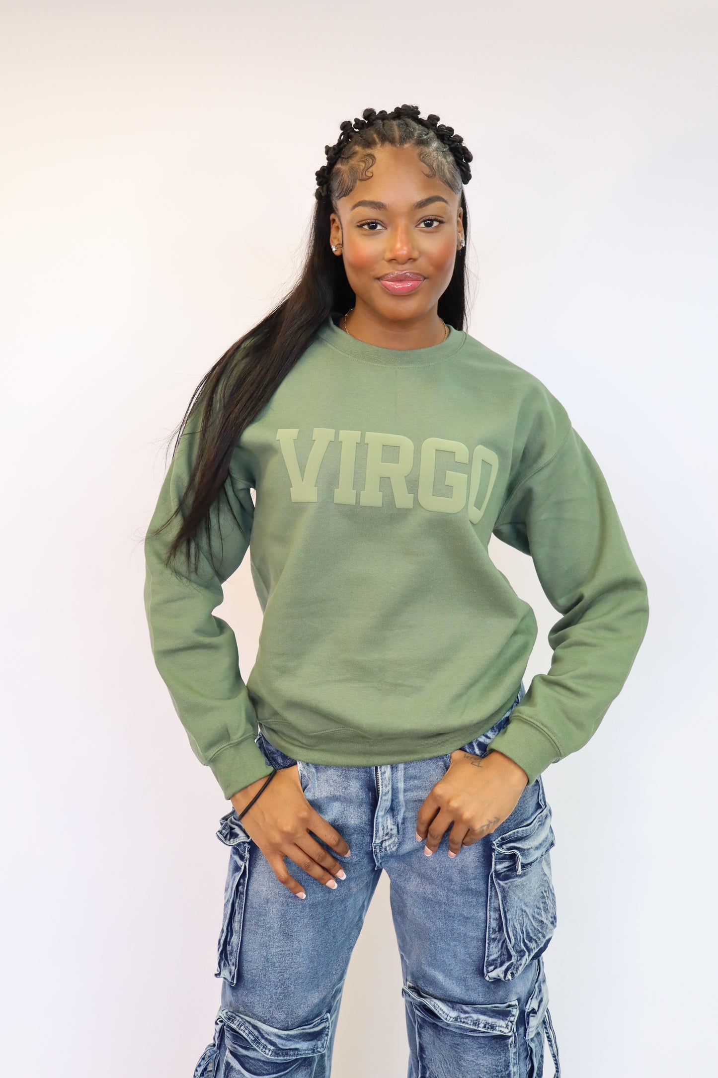 Olive Green Zodiac Puff Print Crewneck