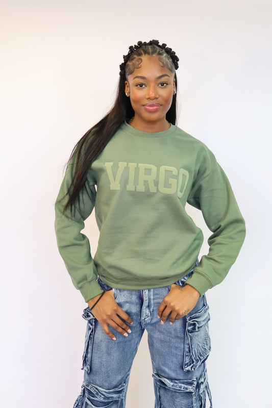 Olive Green Zodiac Puff Print Crewneck