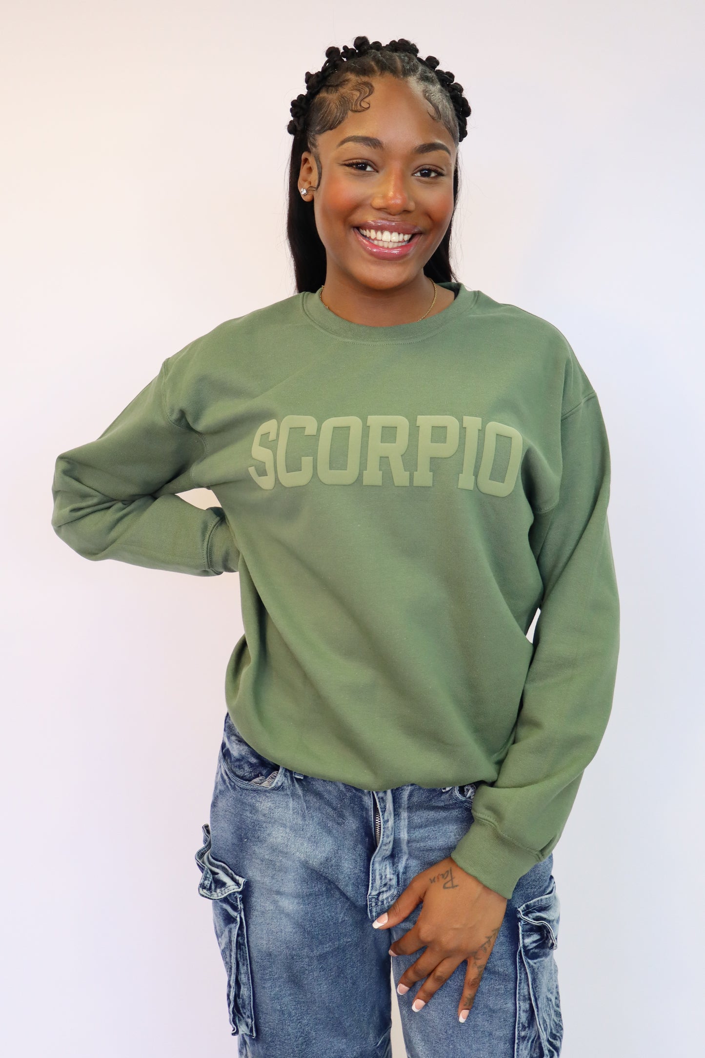 Olive Green Zodiac Puff Print Crewneck