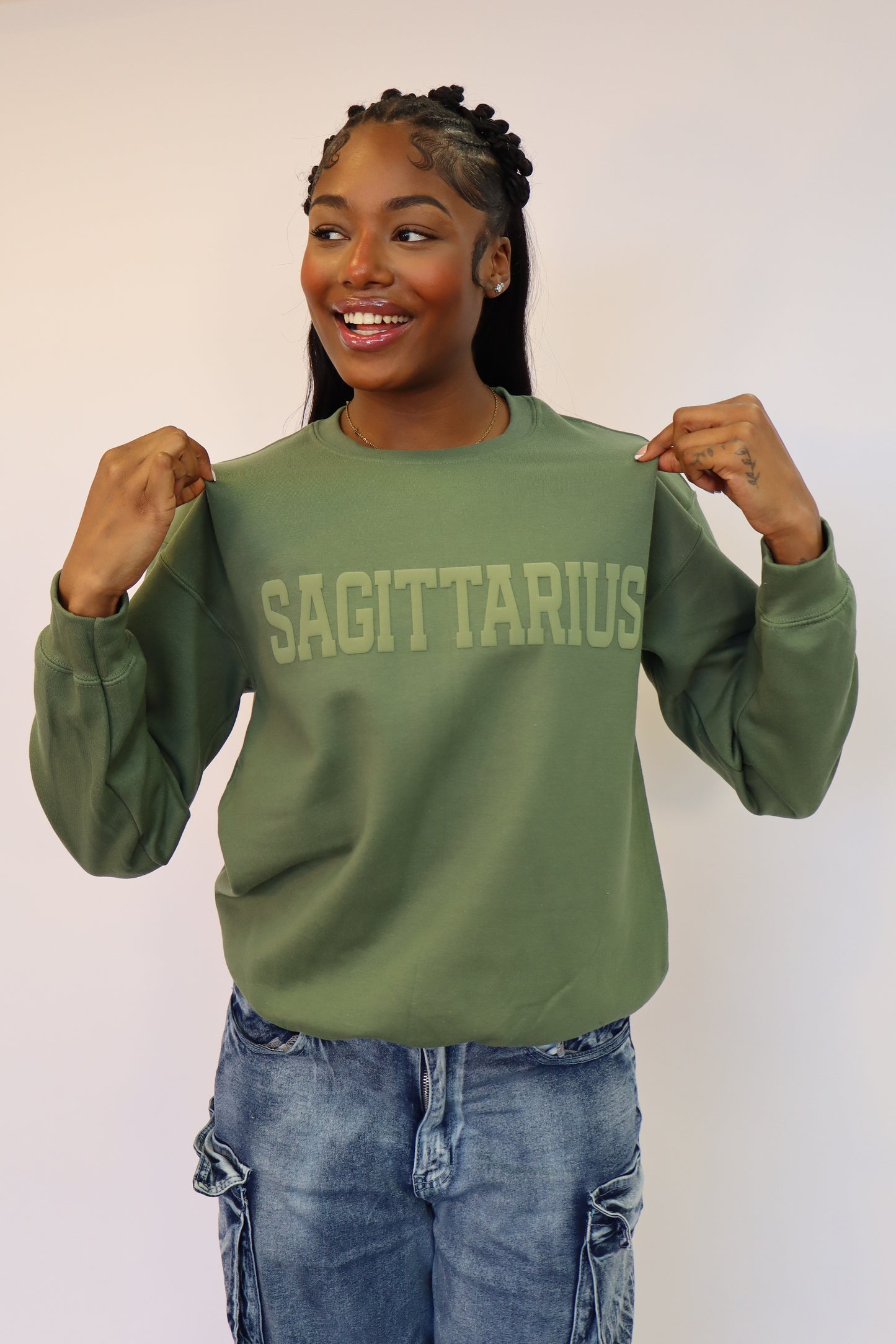 Olive Green Zodiac Puff Print Crewneck