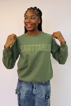 Olive Green Zodiac Puff Print Crewneck