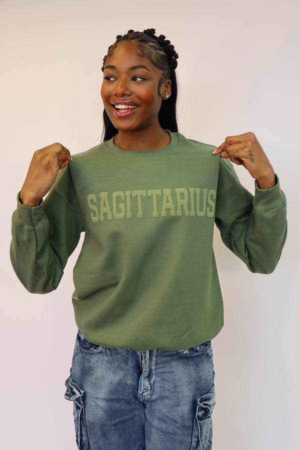 Olive Green Zodiac Puff Print Crewneck