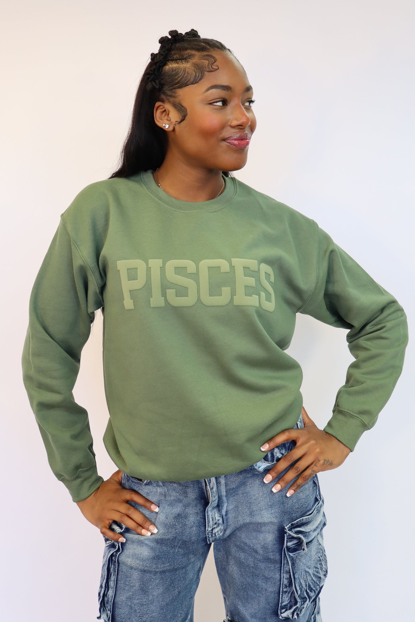 Olive Green Zodiac Puff Print Crewneck