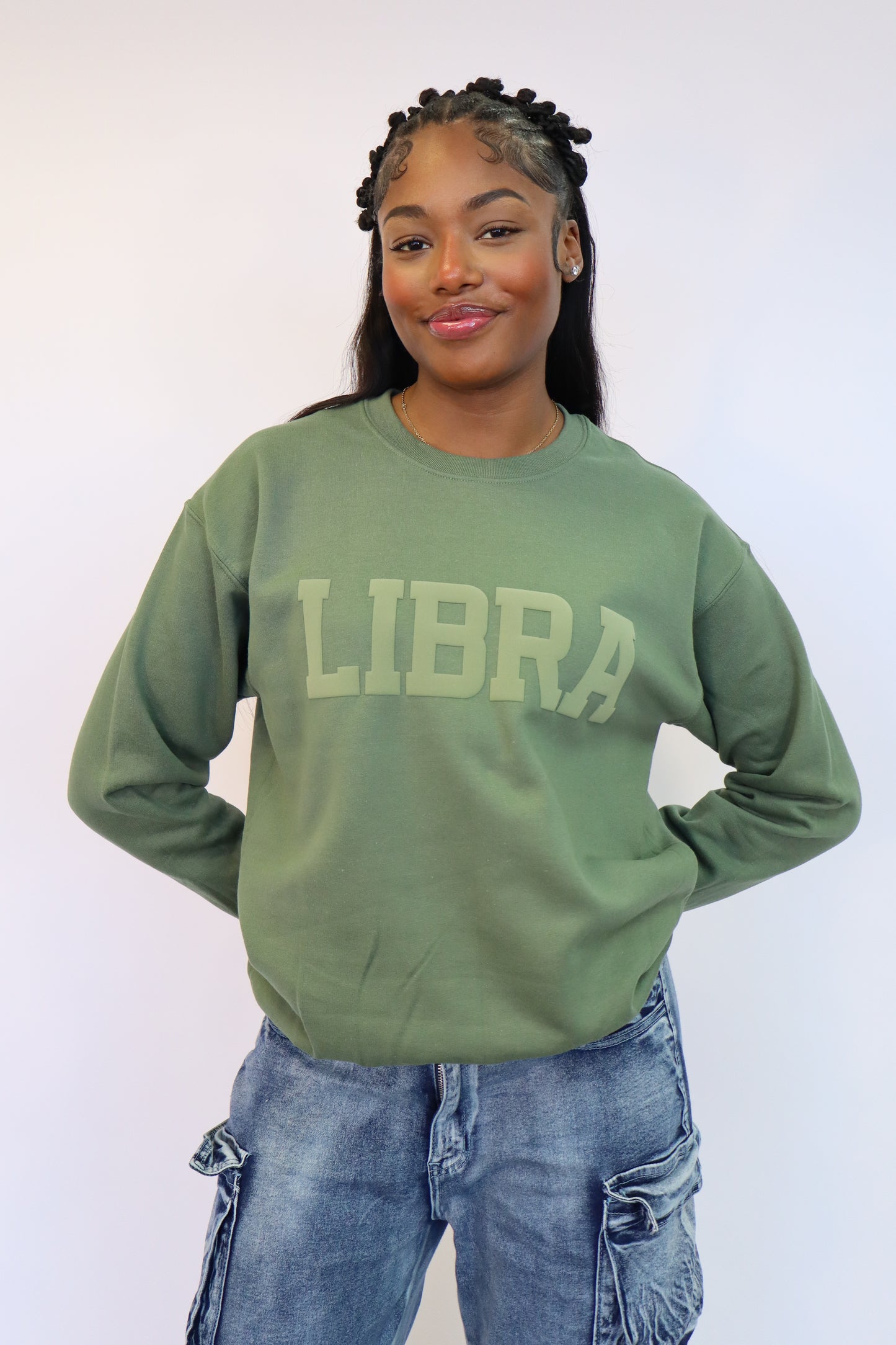 Olive Green Zodiac Puff Print Crewneck