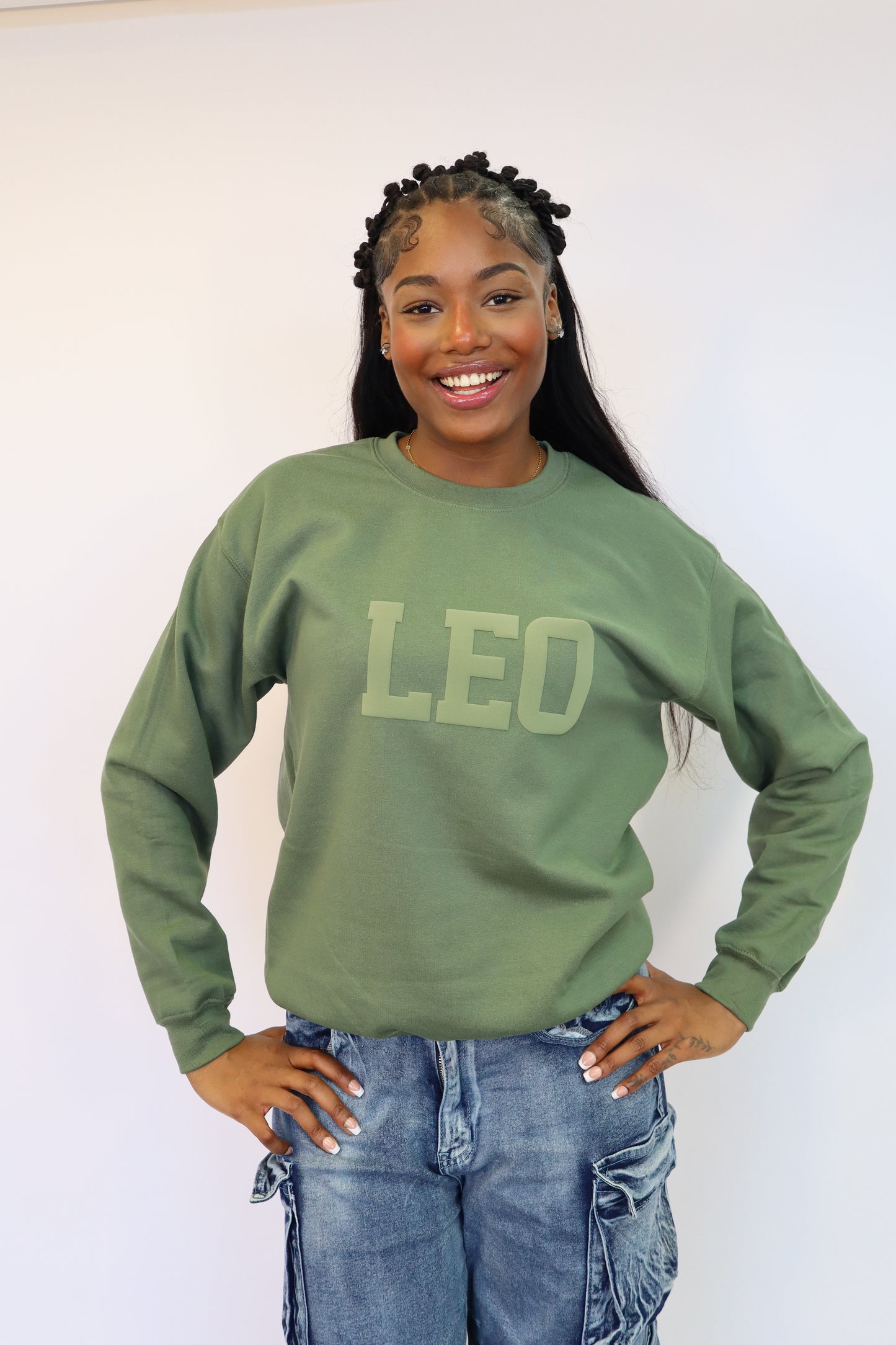 Olive Green Zodiac Puff Print Crewneck