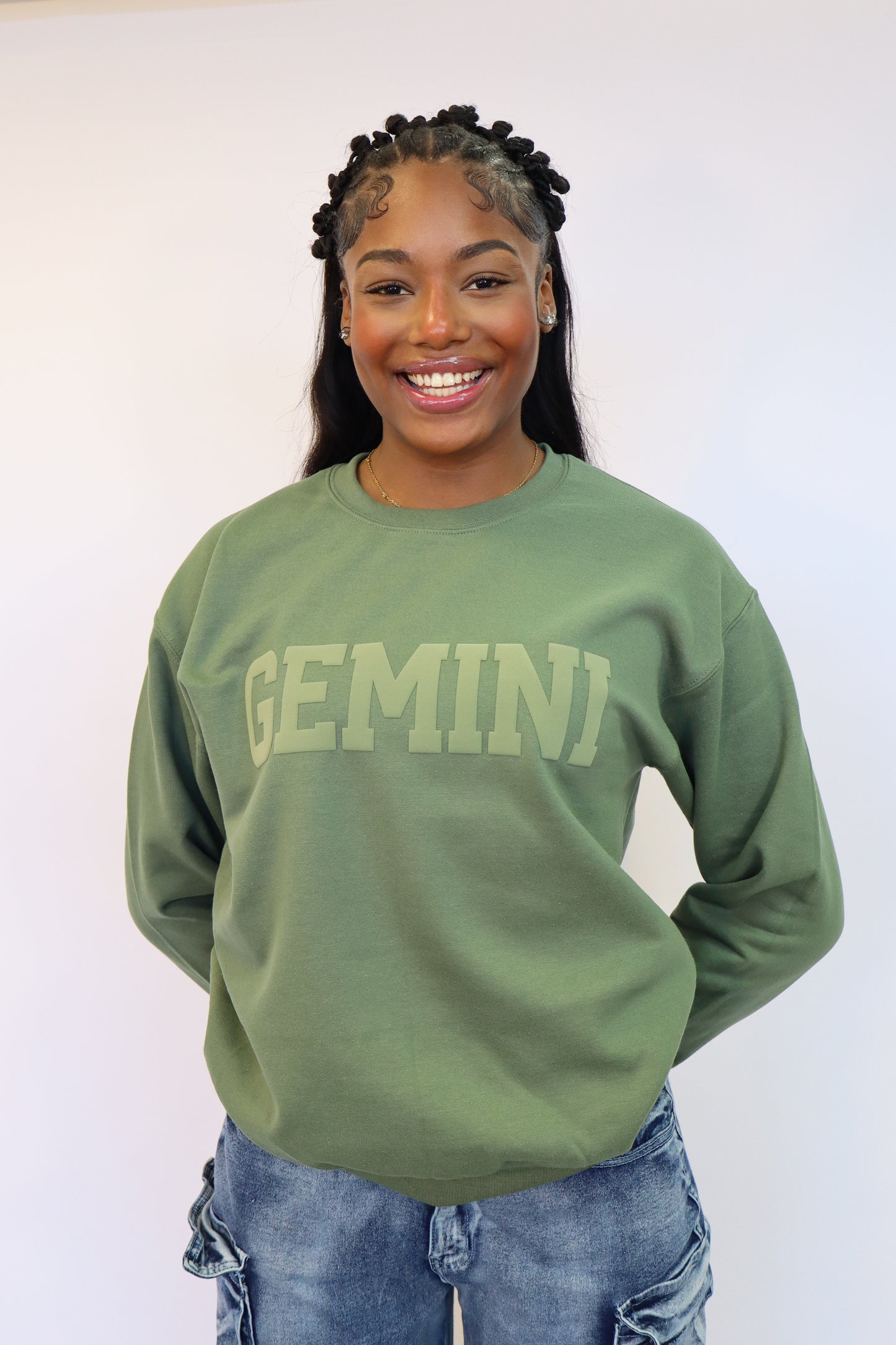Olive Green Zodiac Puff Print Crewneck