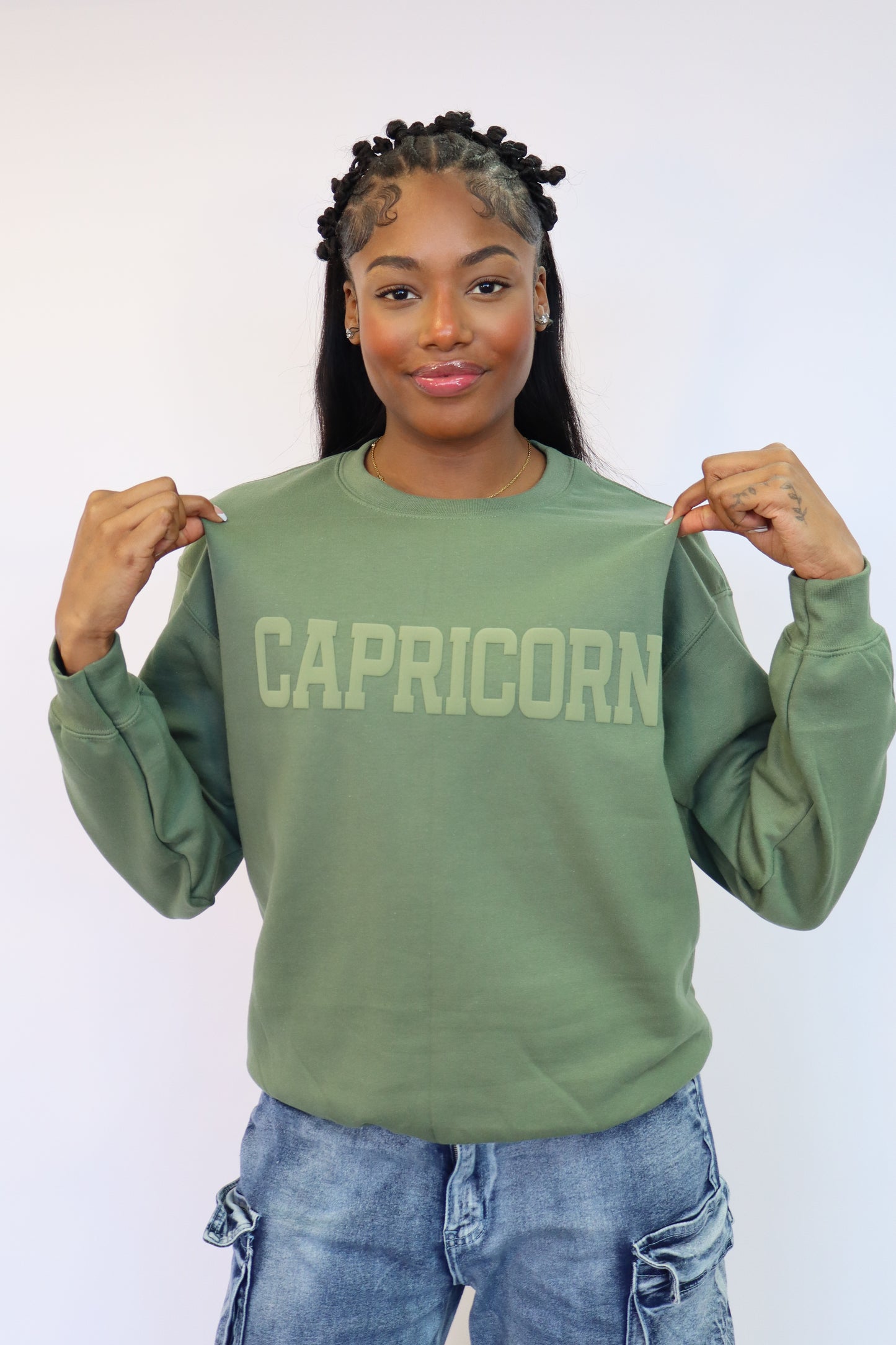 Olive Green Zodiac Puff Print Crewneck