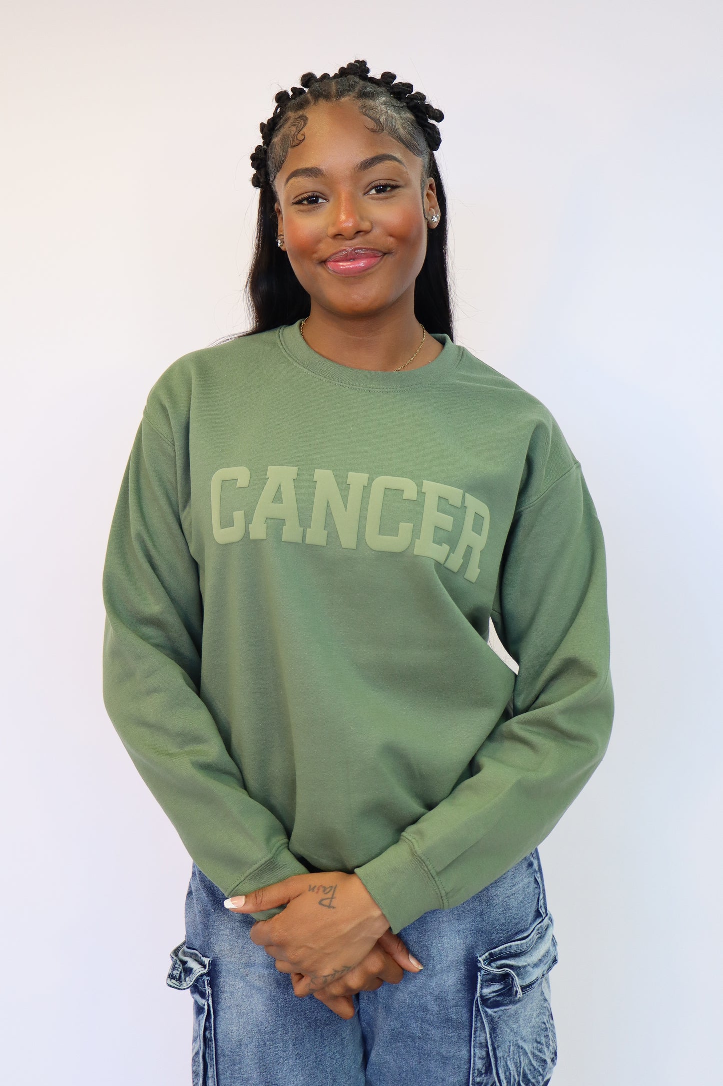 Olive Green Zodiac Puff Print Crewneck