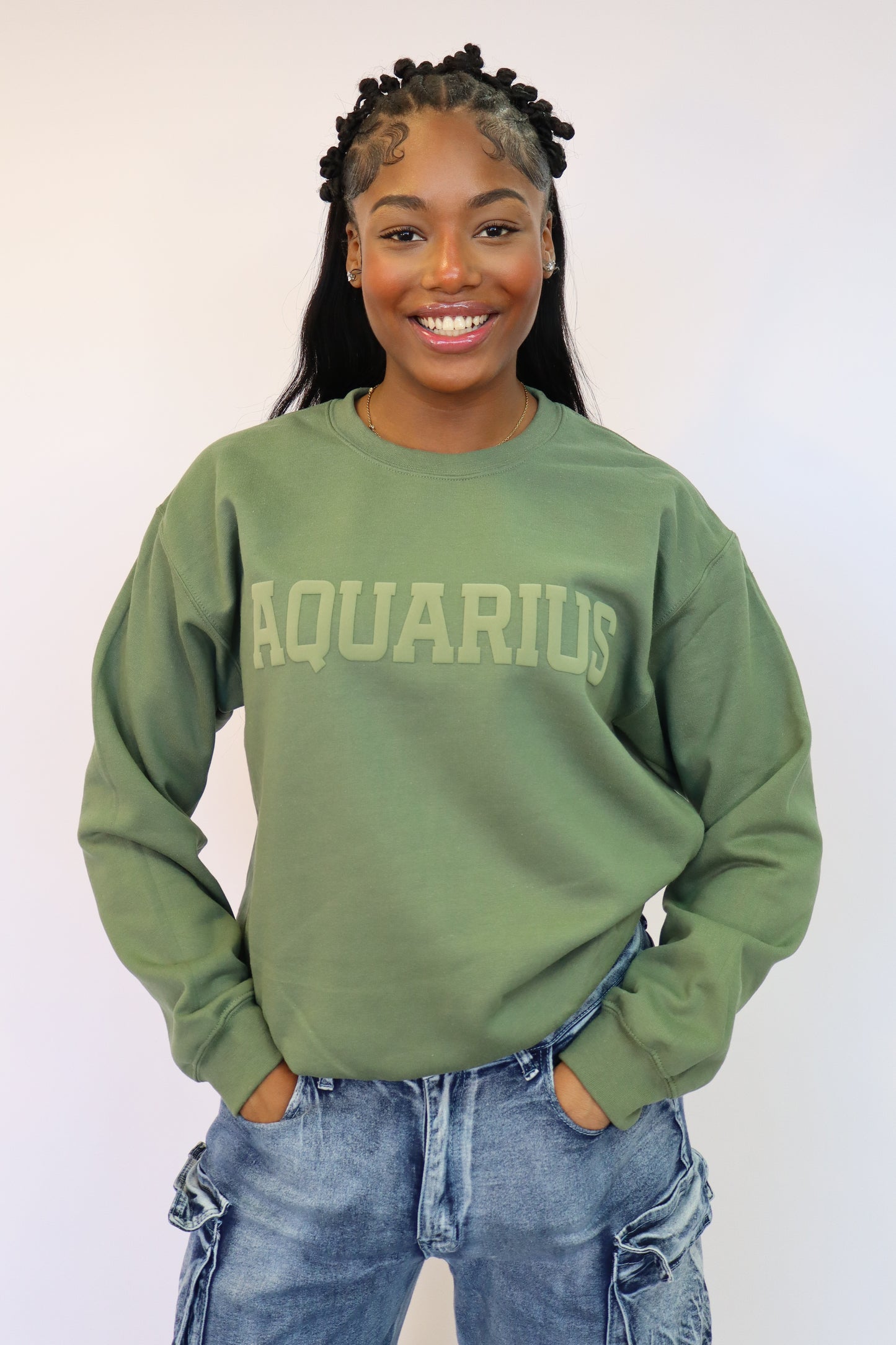 Olive Green Zodiac Puff Print Crewneck