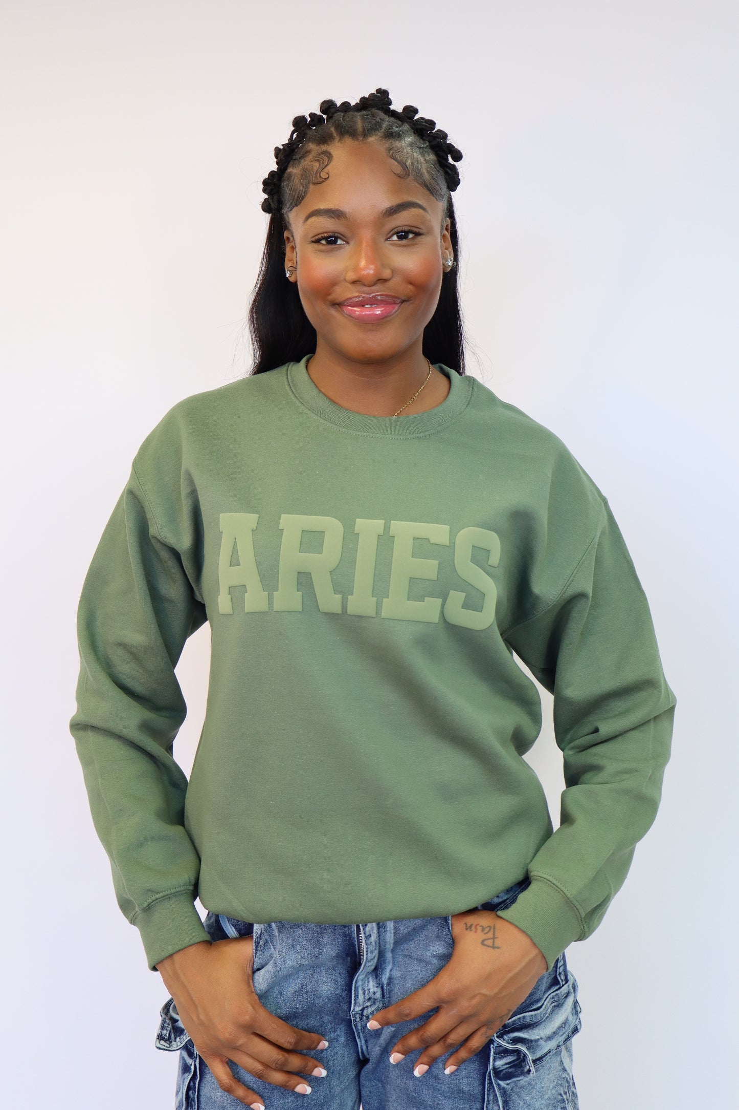 Olive Green Zodiac Puff Print Crewneck