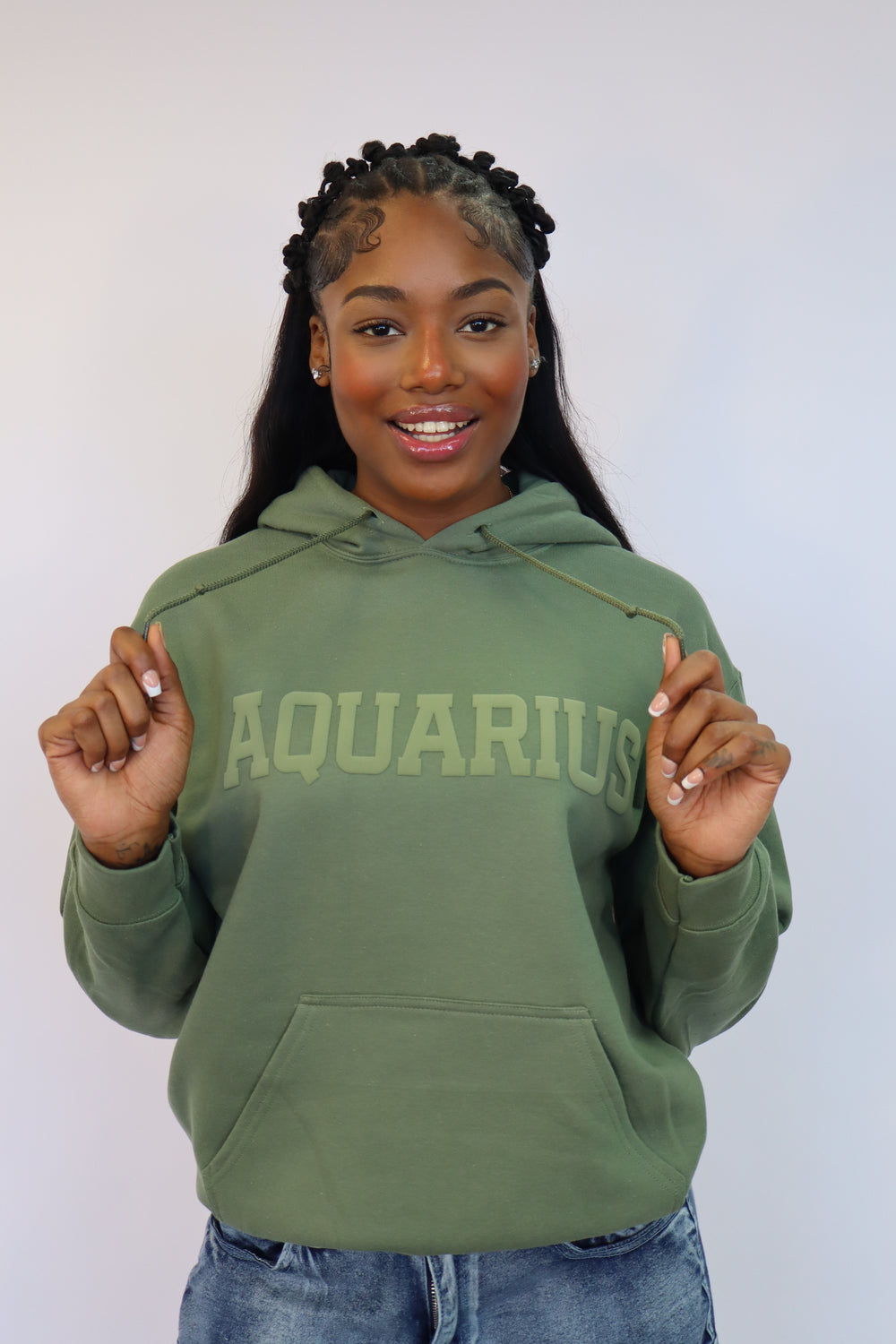 Olive Green Zodiac Puff Print Hoodie