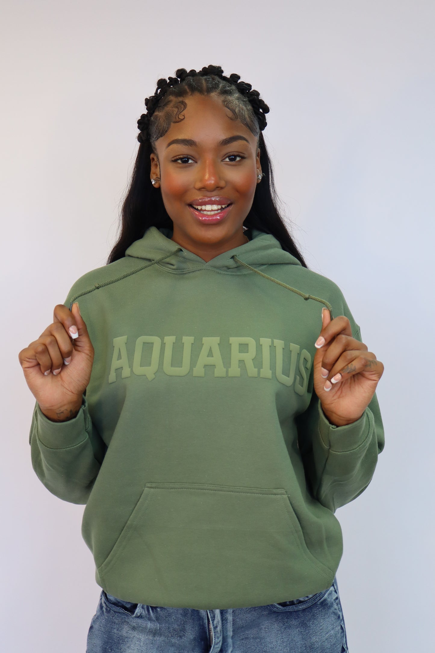 Olive Green Zodiac Puff Print Hoodie