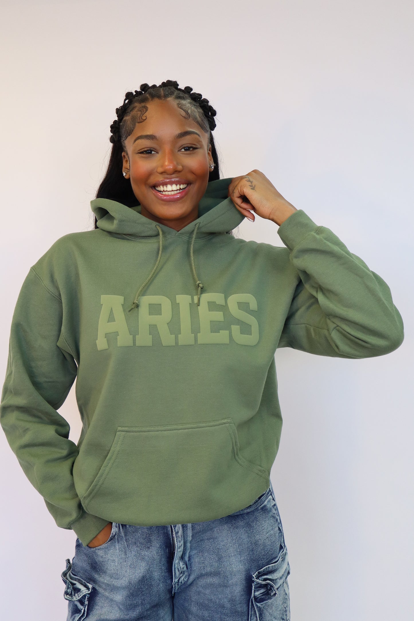 Olive Green Zodiac Puff Print Hoodie