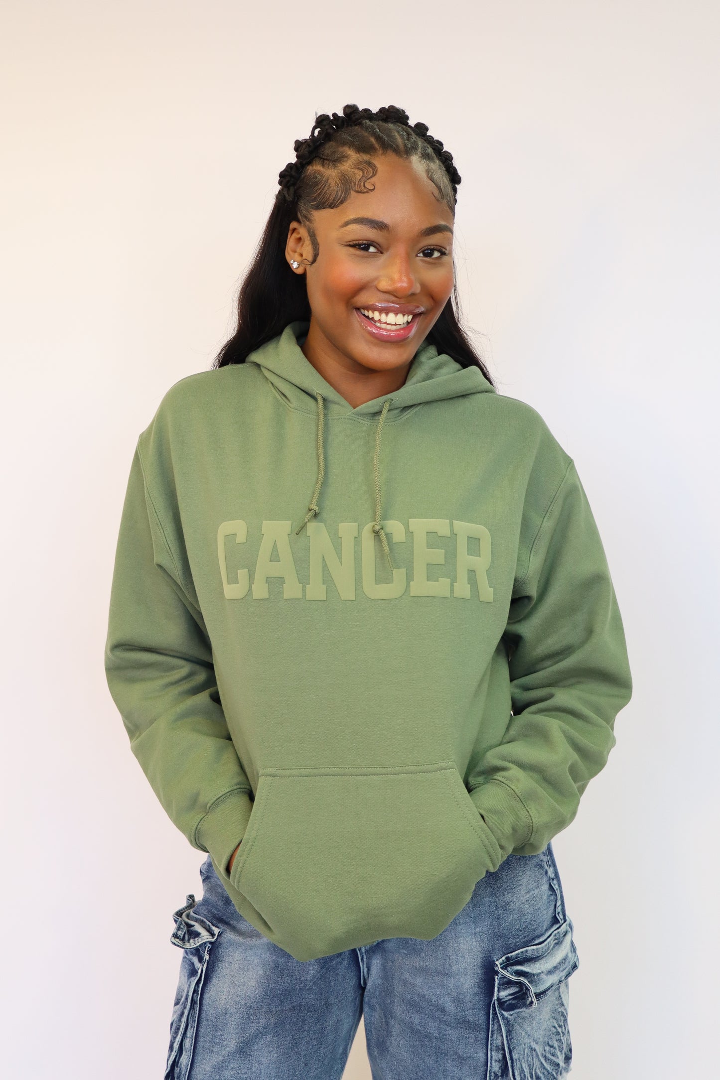 Olive Green Zodiac Puff Print Hoodie