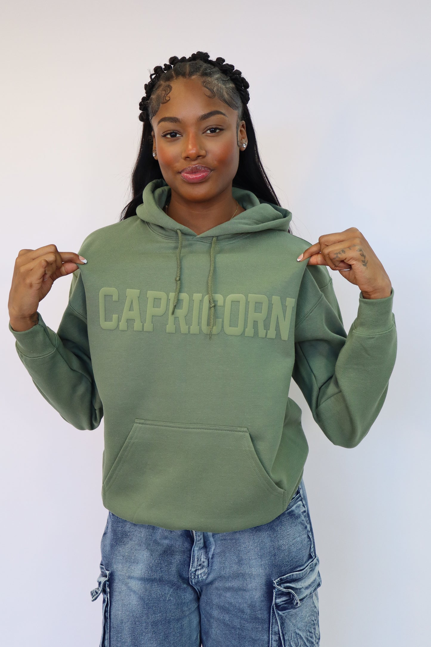 Olive Green Zodiac Puff Print Hoodie