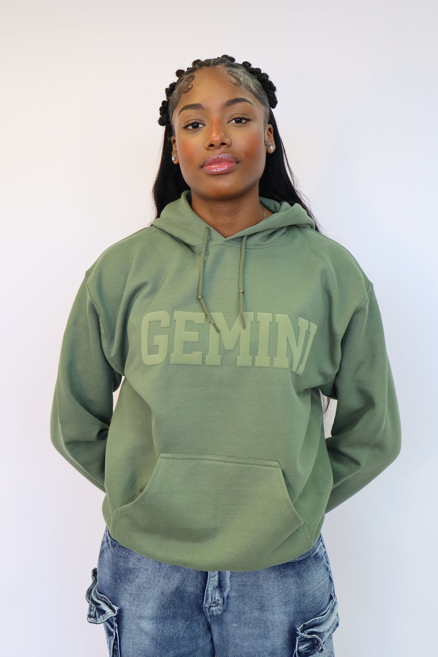 Olive Green Zodiac Puff Print Hoodie