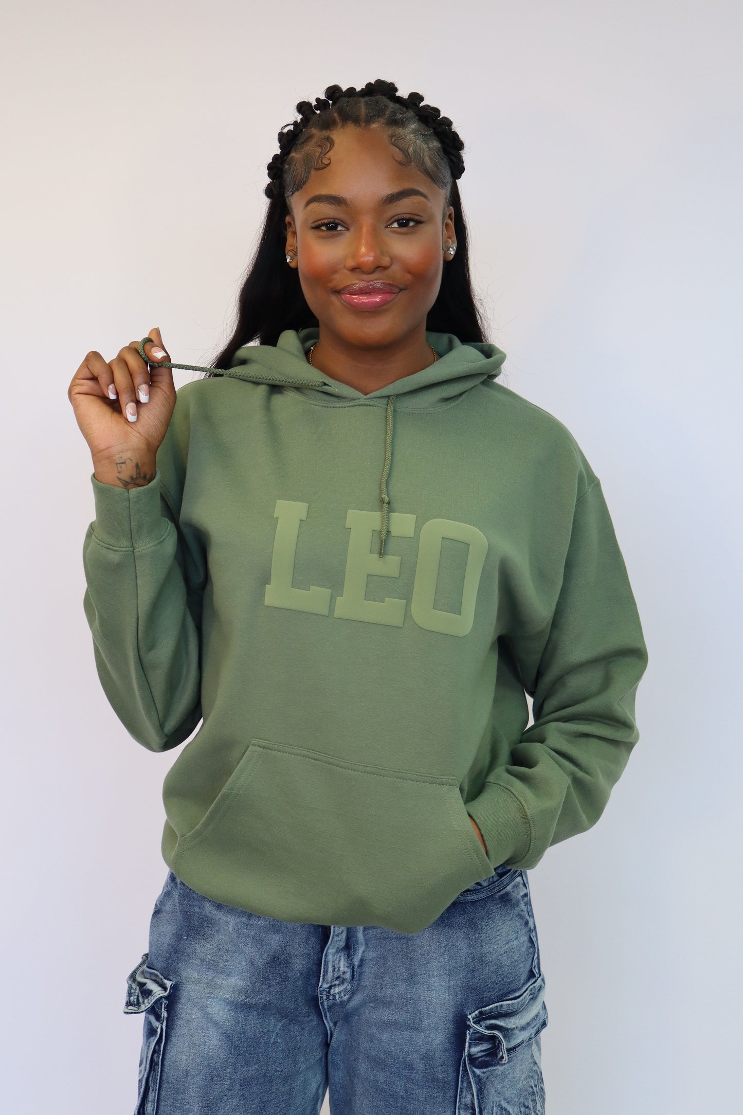 Olive Green Zodiac Puff Print Hoodie