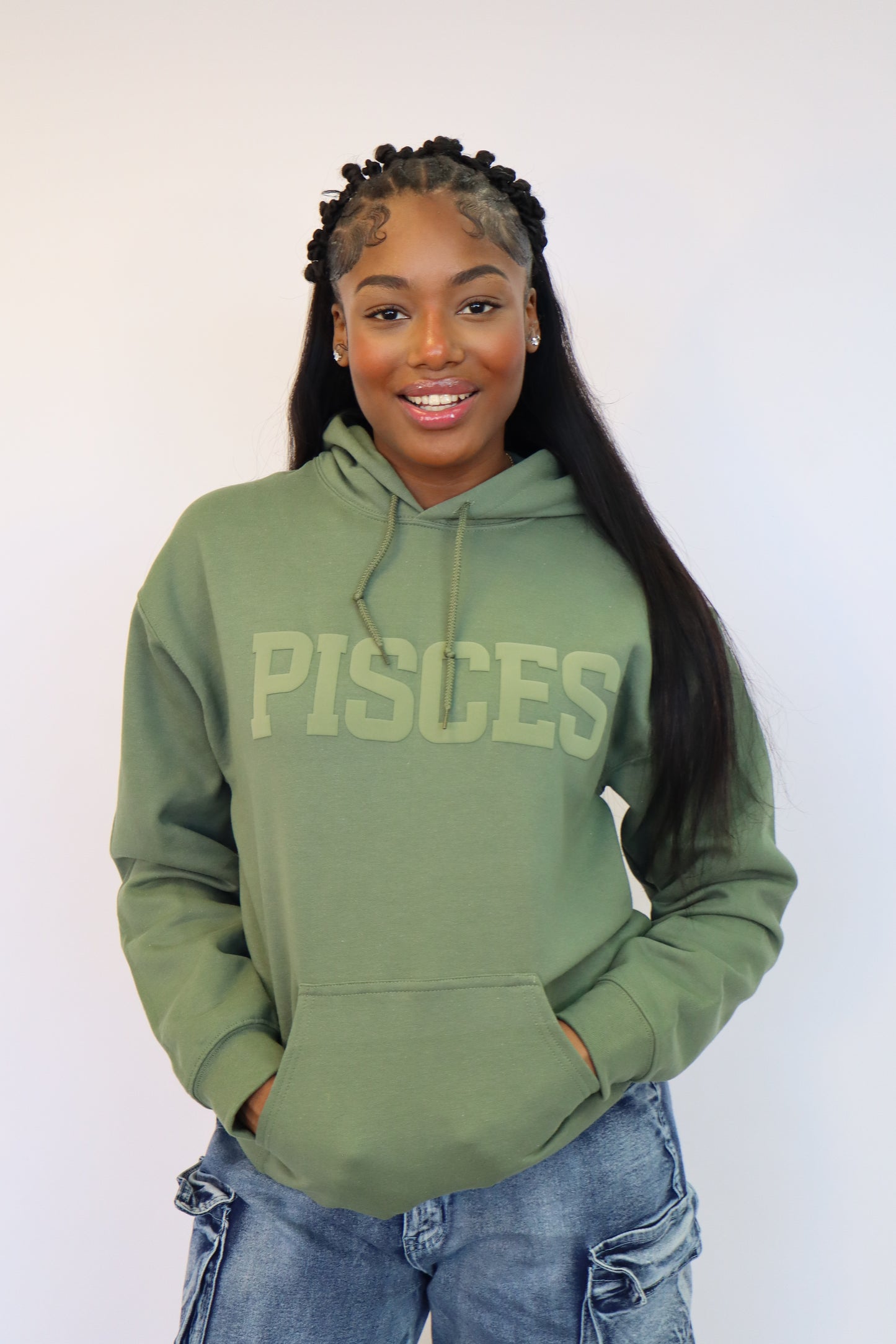 Olive Green Zodiac Puff Print Hoodie
