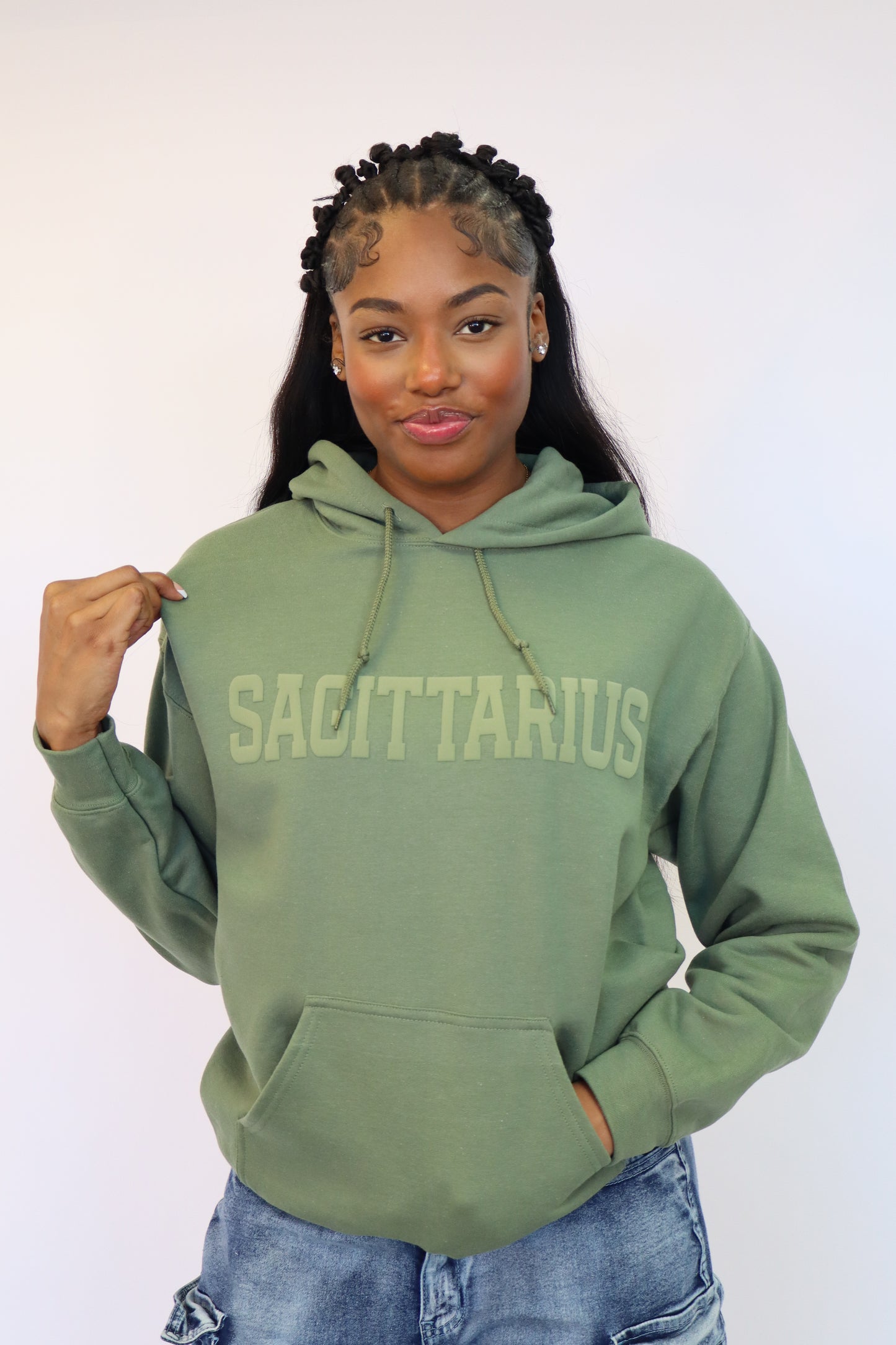 Olive Green Zodiac Puff Print Hoodie