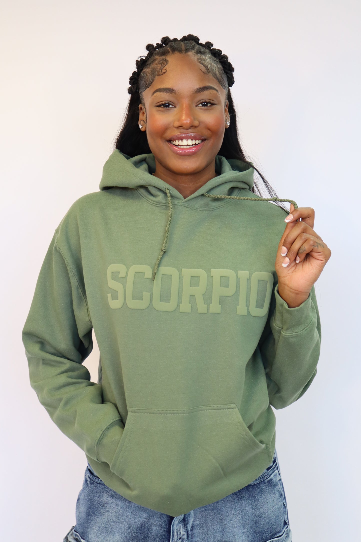 Olive Green Zodiac Puff Print Hoodie