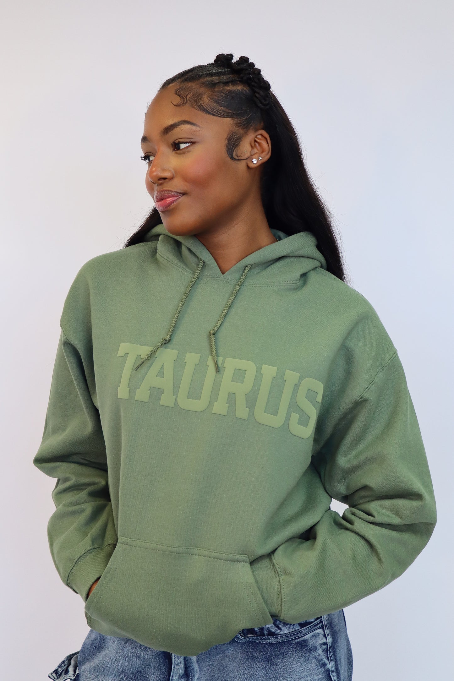 Olive Green Zodiac Puff Print Hoodie