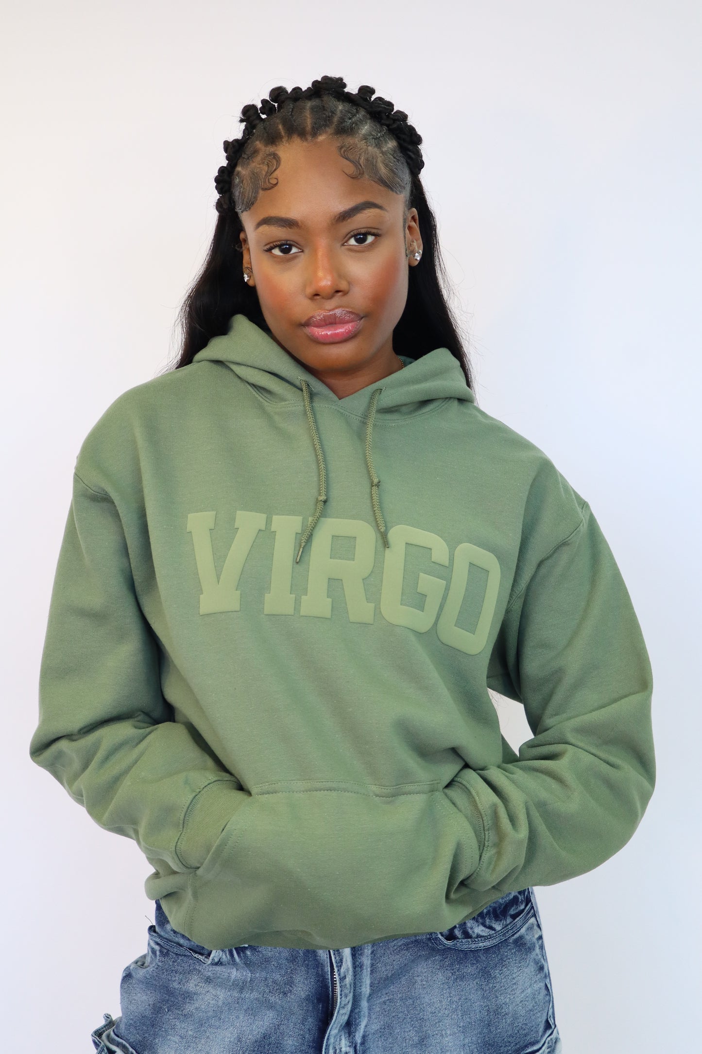 Olive Green Zodiac Puff Print Hoodie