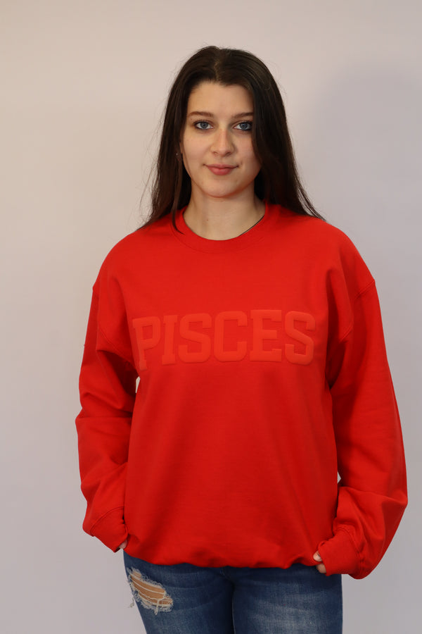 Red Zodiac Puff Print Crewneck