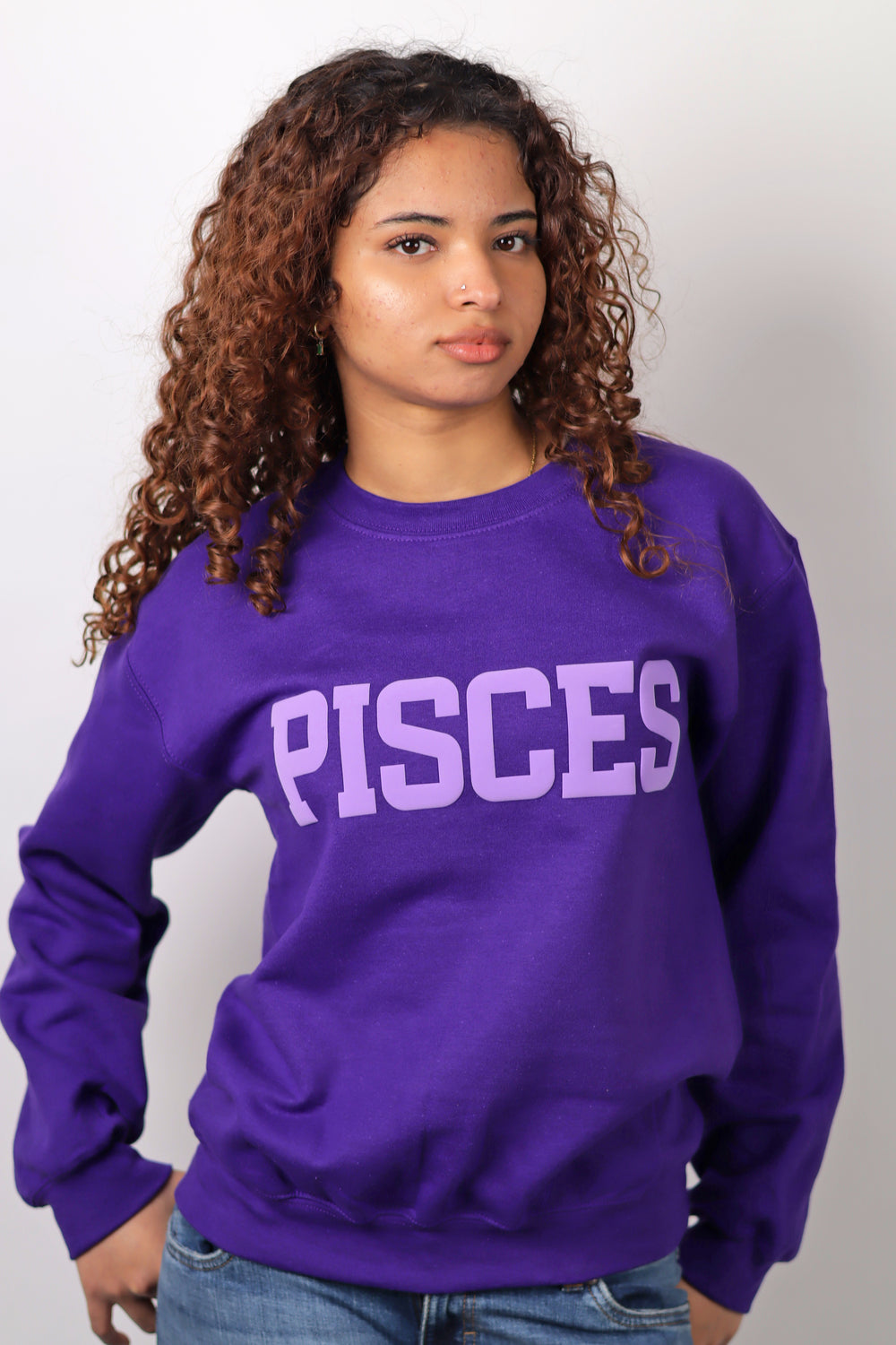 Purple Zodiac Puff Print Crewneck