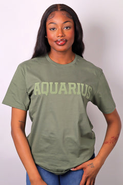 Olive Green Zodiac Puff Print T-Shirt