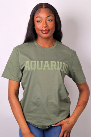 Olive Green Zodiac Puff Print T-Shirt