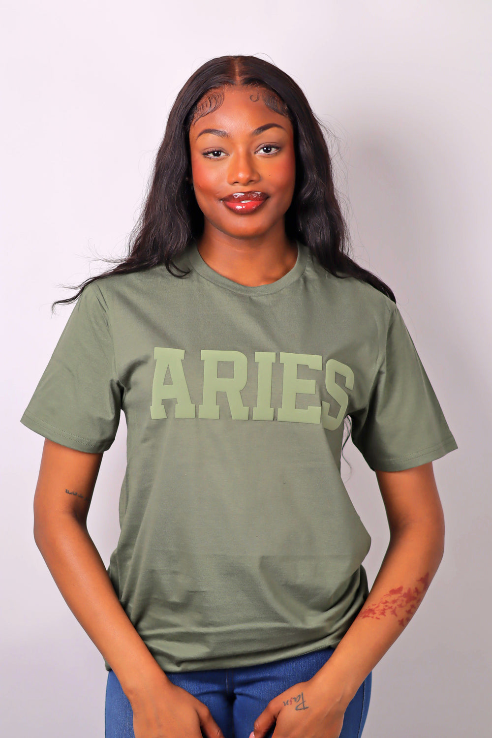 Olive Green Zodiac Puff Print T-Shirt