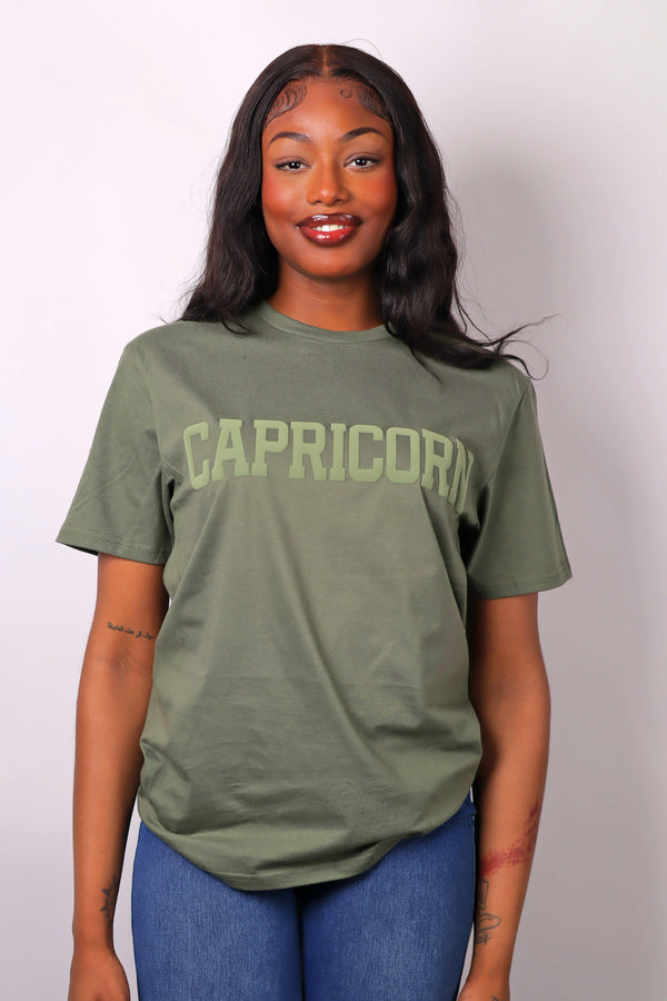 Olive Green Zodiac Puff Print T-Shirt