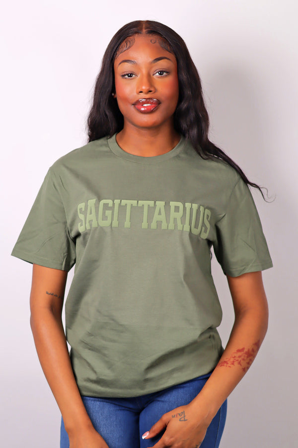 Olive Green Zodiac Puff Print T-Shirt